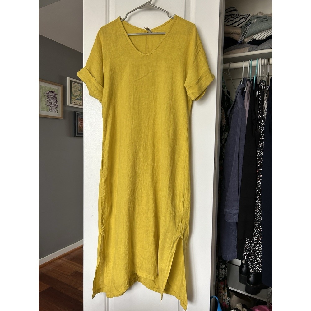 Francesca Bettini Women's Yellow Linen Shift Dress Short Sleeve Maxi Size Small